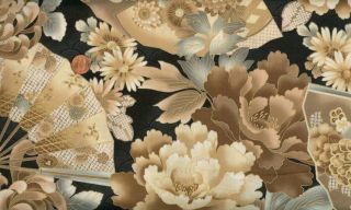   imperial collection linen brown oriental fans peonies fabric