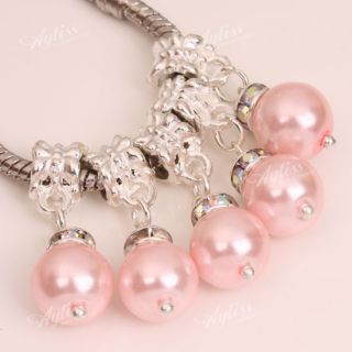 5P Pink Faux Pearl Dangle European Beads Fit Bracelet