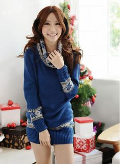 Women Elegant Tight Casual Cowl Neck Snowflake Jumper Shirt Top Blue