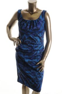 SL Fashions New Blue Taffeta Printed Ruched Scoop Neck Casual Dress