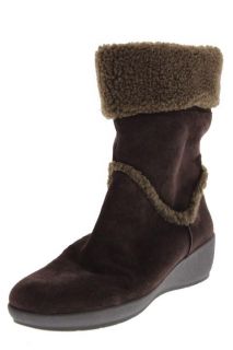 Easy Spirit New Evander Brown Suede Fold Over Faux Fur Wedge Boots