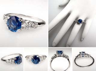 Blue Sapphire & Diamond Engagement Ring Solid Platinum Fine Estate
