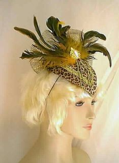 Leopard Print Fancy Flapper Showgirl Costume Hat w/Feathers + Trim