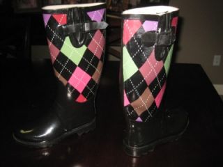 Henry Ferrera Womens Black Plaid Rubber Boots Size 6 Slightly Used