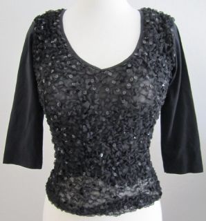 Anthropologie Ann Ferriday Black Sequin Crinkled Stretch Top Shirt One