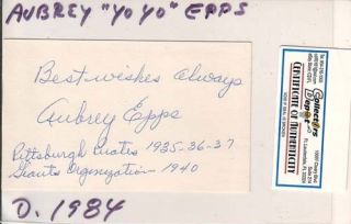 Aubrey Yo Yo Epps Pirates 1935 Signed Index Card COA