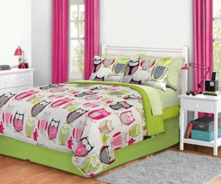  7T Pink Black Green Owl Comforter Bedding Set Size Twin XL Extra Long