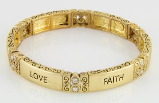 14kt Yellow Gold EP Hope Love Faith Stretch Bracelet w CZ Accents