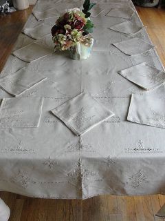 Vintage 30s Fine Linen Needle Lace Tablecloth + 12 Napkins Never Used