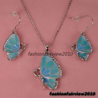 Pale Blue Butterfly Swarovski Crystal Dangle Earrings Necklace Jewelry