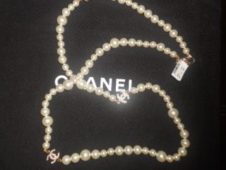 CHANEL Long Faux Pearl Crystal Three CC Logo Charms 36 Necklace