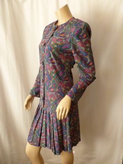 80s Vintage Dress Leslie Fay Paisley Ruffle Skirt Dropped Waist Sz 8