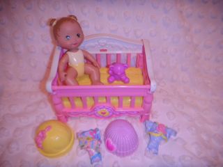 Fisher Price Snap N Style Doll BABY in CRIB w Teddy Bear Hats Clothes