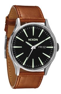 Nixon The Sentry Leather Watch in Black Saddle