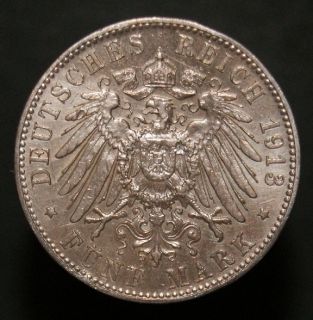Germany 1913 Funf Mark 5 F Mint mark Wilhelm II Wuerttemberg large