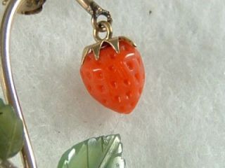 Carved Coral Strawberry Jade Leaf Pin Brooch 12K GF w E Richardson Co