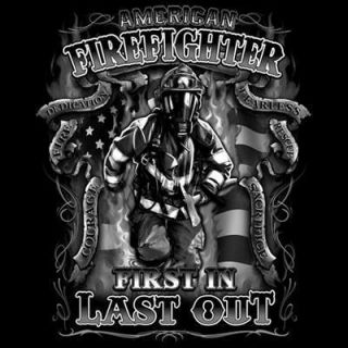 Fire Rescue American Firefighter First in Last Out White Logo Black T