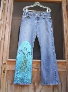 Handmade BLUE PAISLEY JEANS Upcycled Applique Embellished Pants Hippie