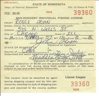 Vintage Minnesota Non Resident Fishing License 1974