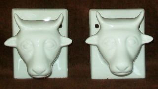 Cow Decor in Form of Two Porcelain Cow Head Towel Coat or Hat Hangers