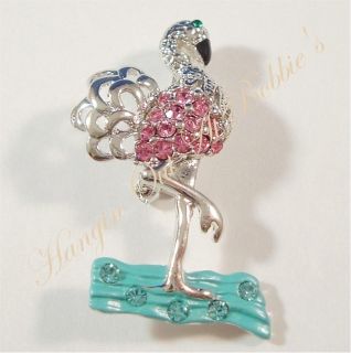 Flamingo Tropical Pink Aqua Crystal Pin Brooch Silver