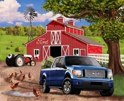 Ford Truck Barn Tractor Scenic Quilt Panel Fabric