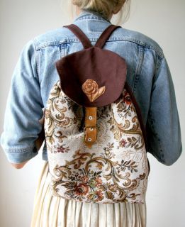 Vintage Leather Tapestry Backpack Hand Bag 70s 80s Boho Carpet Small