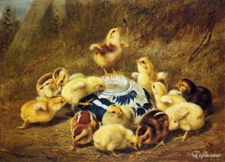 Oil Painting repro Arthur Fitzwilliam Tait Chicks and Delft Bowl