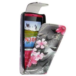 Nokia Asha 300 Pink Black Flower Leather Flip Case Cover