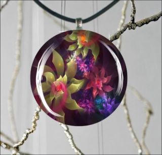 Flowers Colorful Fractal World Design 2 Round Cabochon Glass Pendant