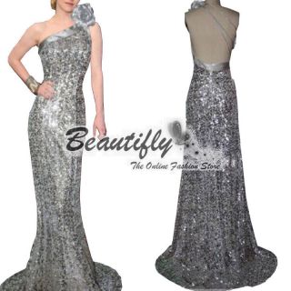 Sexy One Shoulder Silver Sequins Flowery Dresses