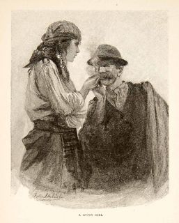 1893 Wood Engraving Gypsy Woman Smoking Cigarette Europe Art Costume