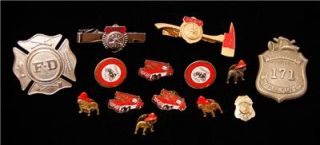  14 Asst Vintage Vintage Fire Dept Badges Pins Clips Mack Fire Dog etc