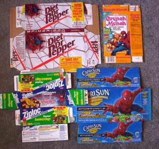 Spiderman Food Products Boxes Lot 4 Crunch N Munch Dr Pepper Capri Sun