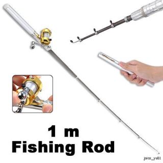Brand New Silver Mini Pocket Pen Fishing Rod Gift Set Kit + Gold Reel