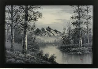 Mountains River Forest Trees Landscape Art Framed Oil Painting