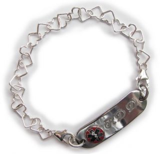 Sterling Silver Heart Chain Medical ID Alert Bracelet