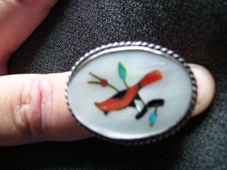 Vintage INLAY BIRD CARDINAL Sterling Silver Ring Stamped BB Turquoise