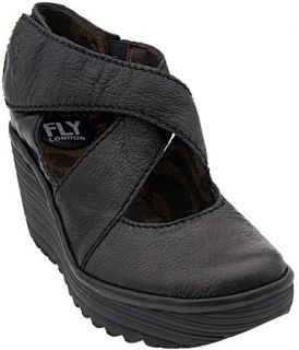 Fly London Yogo Black Leather Womens New Wedge Shoes