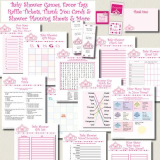 Princess Girl Baby Shower Games Pack Favor Tags Raffle Thank You Cards