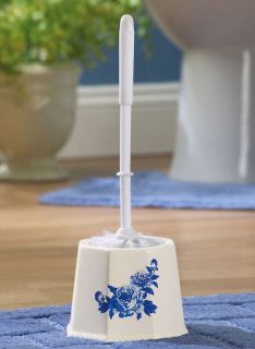 French Blue Floral Design Flowers White Ceramic Toilet Brush With