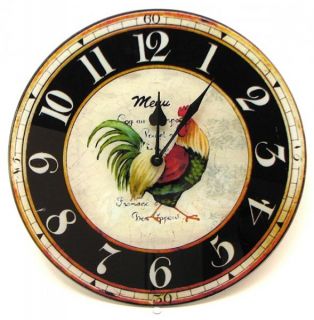 French Rooster Glass Wall Clock Farmhouse Country Decor 12 Inch