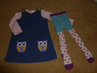 Mini Boden 2 3 yr Blue Corduroy Owl Jumper Dress Tights