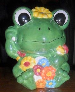 Ceramic Frog Planter Sweet Frog with Flowers N Mushrooms Colorful L7