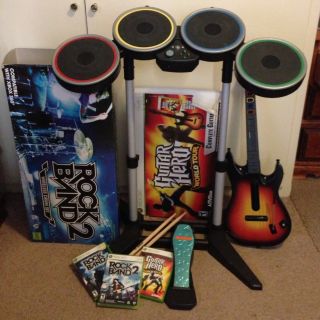  360 Rock Band 1 And 2 + Drum Set. Guitar Hero World Tour Game + Guitar