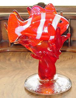 Signed Fulton Clownfish in Coral Art Glass Sculpture