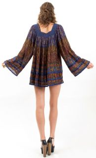 Vtg Sheer India Gauze Crochet Metallic Hippie Bell Slv Kimono Dress