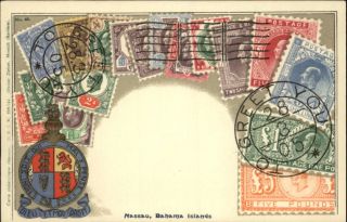 Nassau Bahamas Postage Stamps Printed & Embossed c1910 Postcard