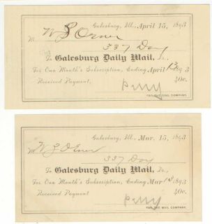 1893 Galesburg Illinois Daily Mail Newspaper Subscription Payment