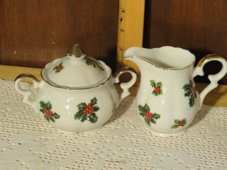 Lefton Christmas Pattern Porcelain Cream and Sugar Mint Numbered 7949